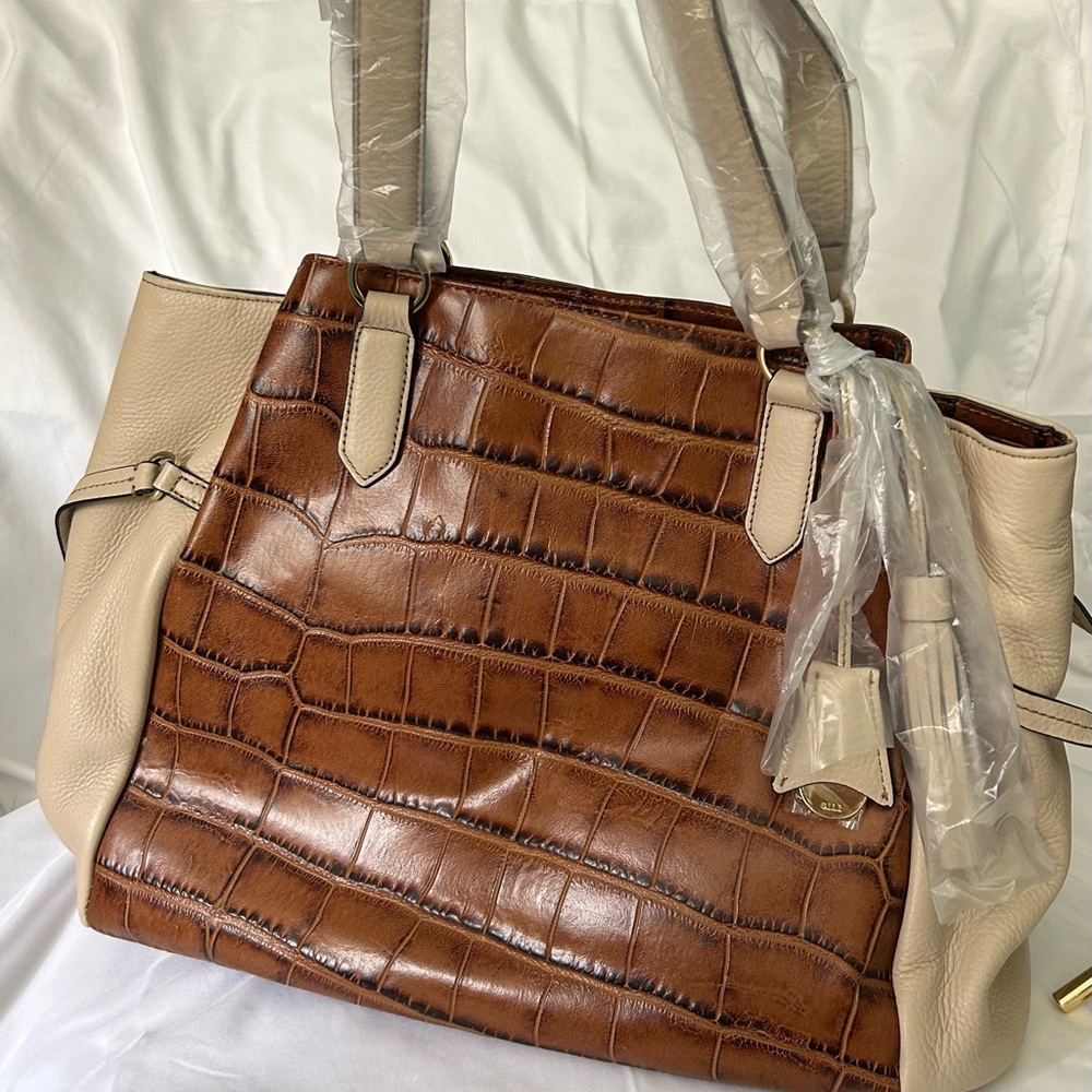 G.I.L.I. Brown Croc-Embossed Tote with Cream Accents
